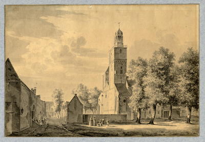 37465 Gezicht op de westpartij van de Nicolaikerk op het Nicolaaskerkhof te Utrecht uit het zuidwesten, met links de ...